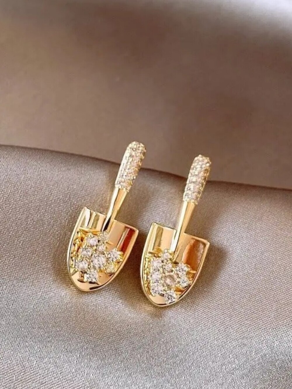 New! Gold Shovel Earrings with Crystal Accents - Women Jewelry